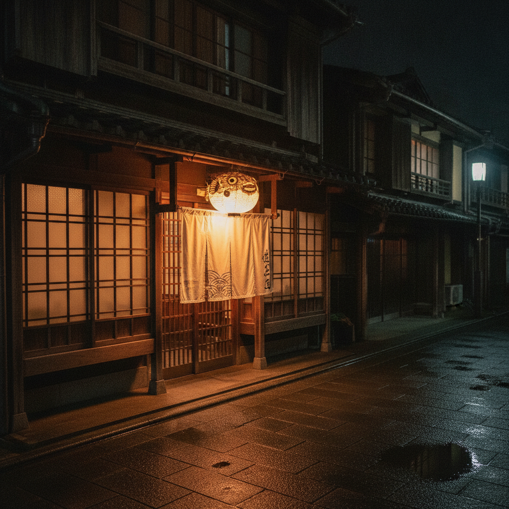 夜の暖簾とふぐ提灯