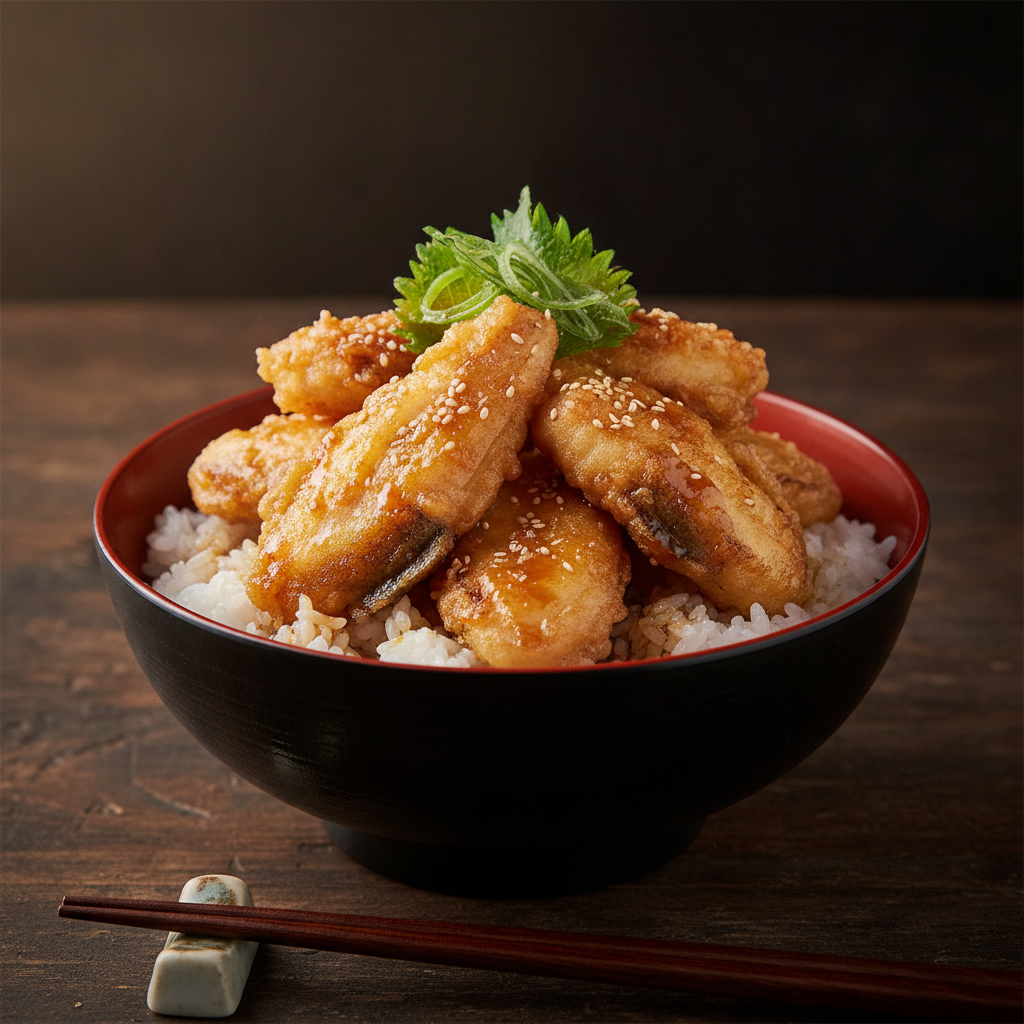 名物 ふぐ天丼 — からりと揚げたふぐ天ぷらを丼つゆで