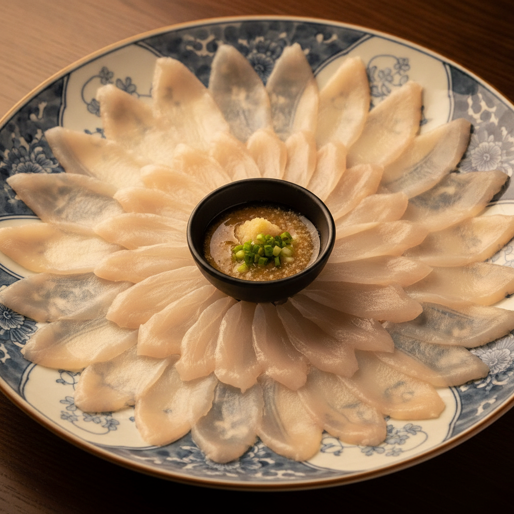 とらふぐ刺し（てっさ）— 大皿に菊花のごとく敷きつめた薄造り